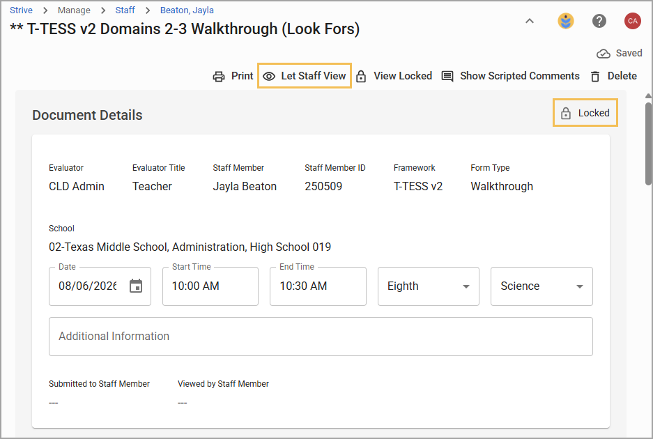 Document details for a locked T-TESS v2 walkthrough including evaluator, staff member, and schedule.